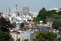 横浜・山手(蓮華草元町工房の近く)から見た市街地。
ここで栄えた横浜元町家具が消えかけている。地場
産業の火を絶やすな、と立ち上がった人たちがいる。
(撮影:滝アヤ、9月1日、横浜)